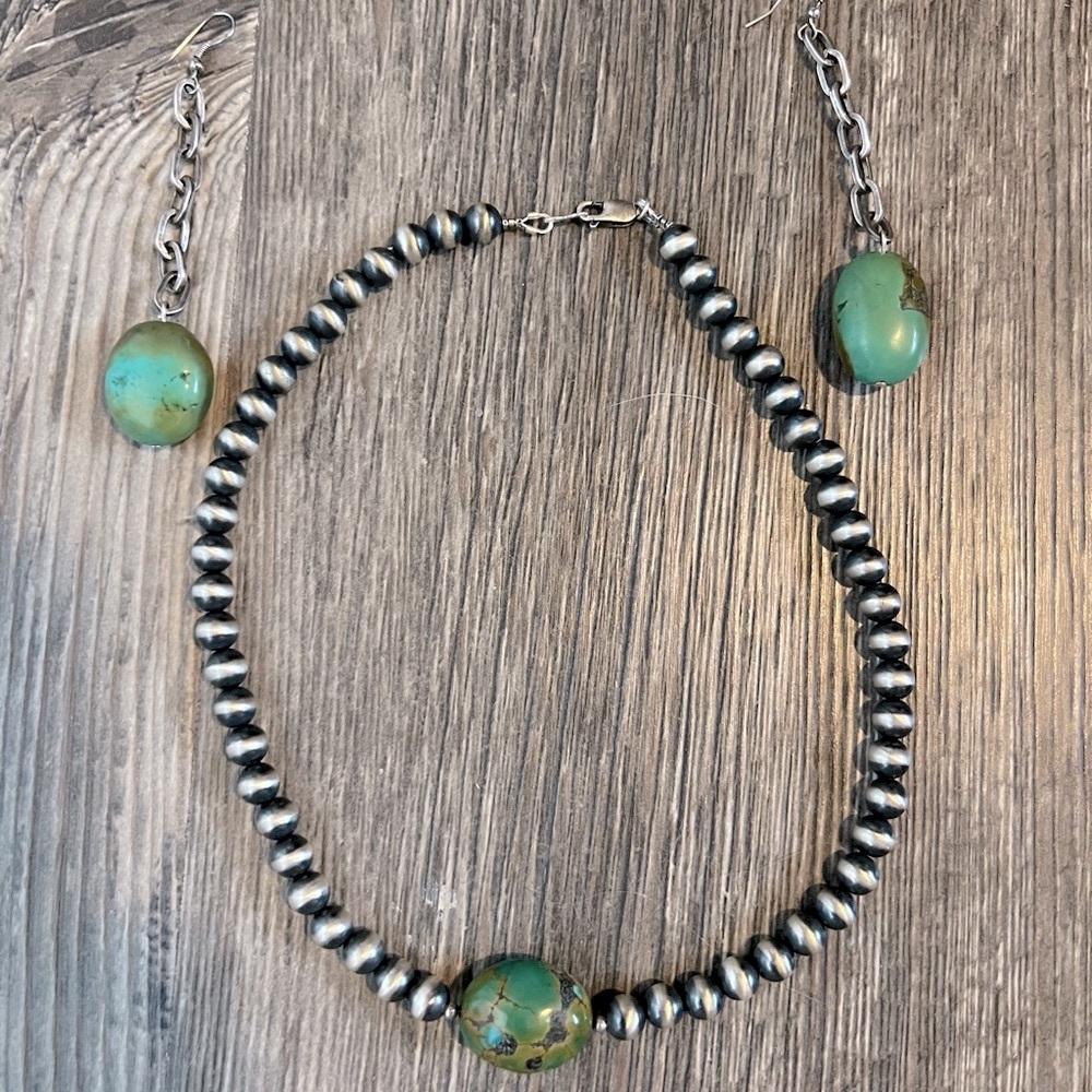 Oxidized beads and Royston Turquoise. Necklace. (Earrings sold s separately)
